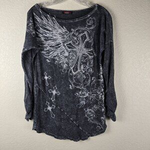 Rare T Party Women’s Y2K Grunge Shirt Cross Wing Rhinestone Acid Wash Gray Sz M